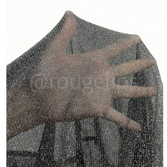 Black Lurex Sheer Black Long Sleeve Asymmetrical Neck - Picture 7 of 9